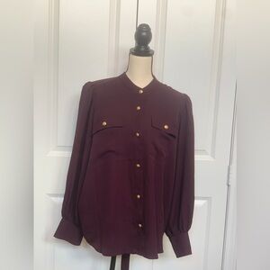 Express Button-Up Long Sleeve Blouse Maroon Gold Buttons
